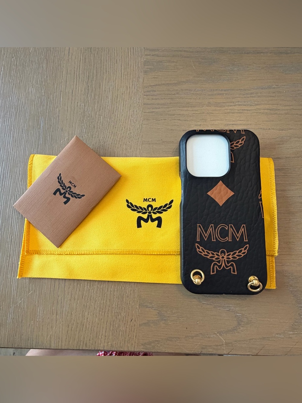 MCM Logo Leather iPhone 15 pro Case with Gold Hardware